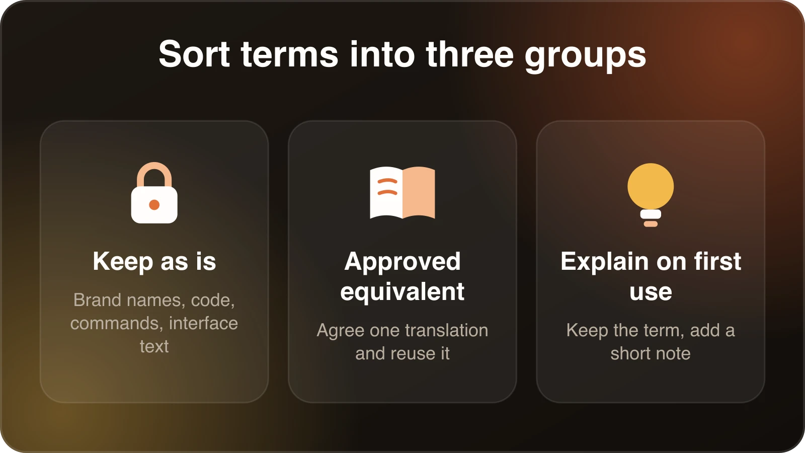 Three kinds of terms for a translation glossary: keep as is, translate to an approved equivalent, and explain on first use.